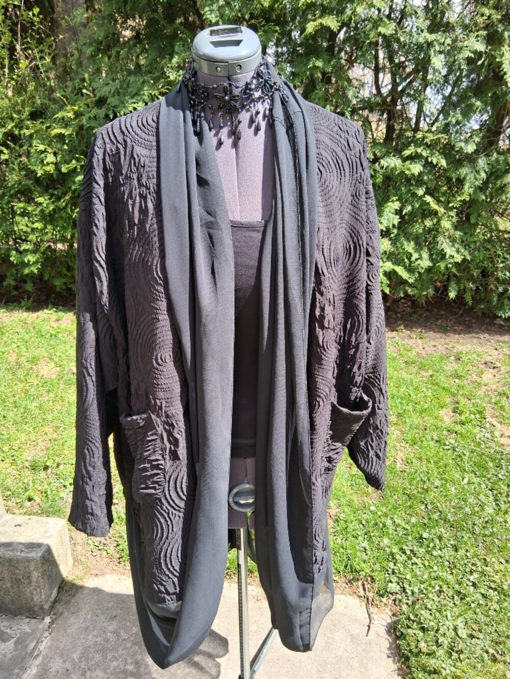 Black Textured Open-front Jacket chiffon trim with draped design Gorgeous XL +